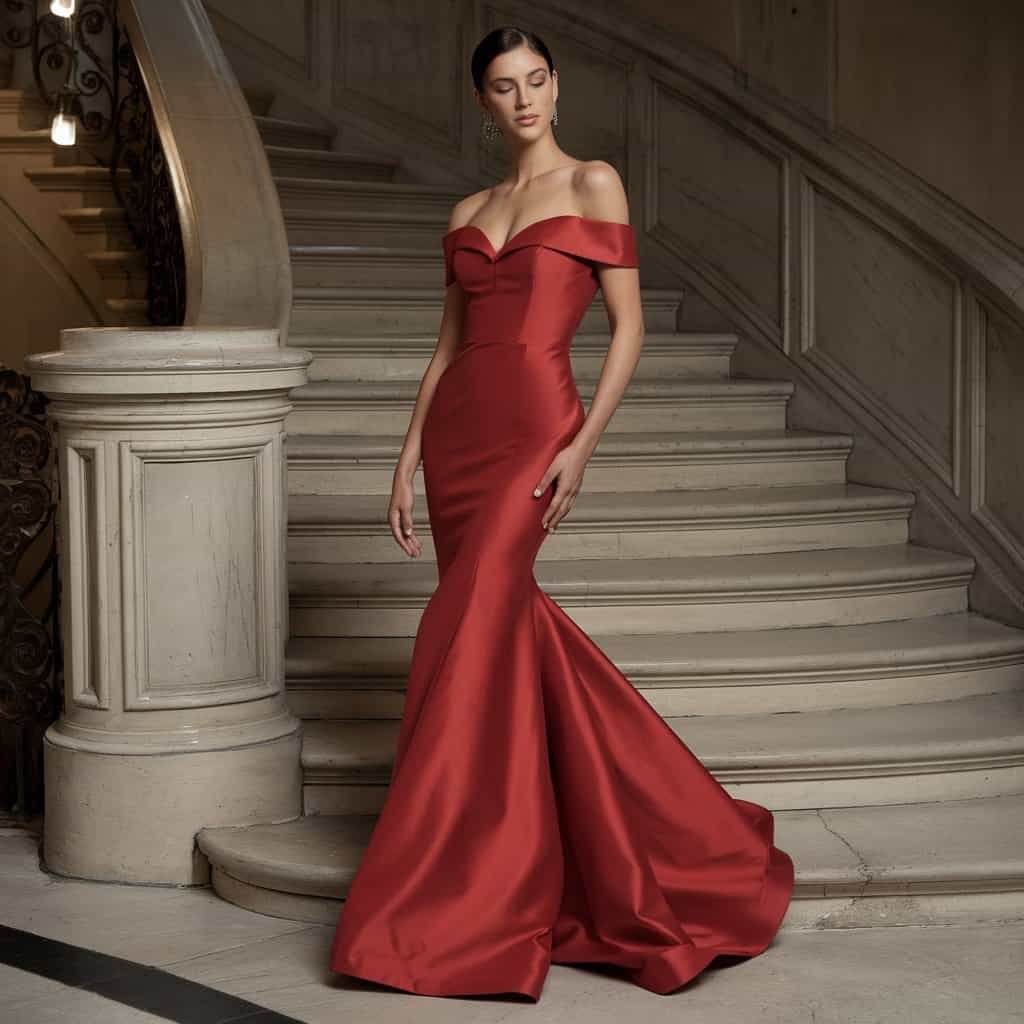 Pronovias red wedding dress with a dramatic trumpet silhouette and flowing skirt.