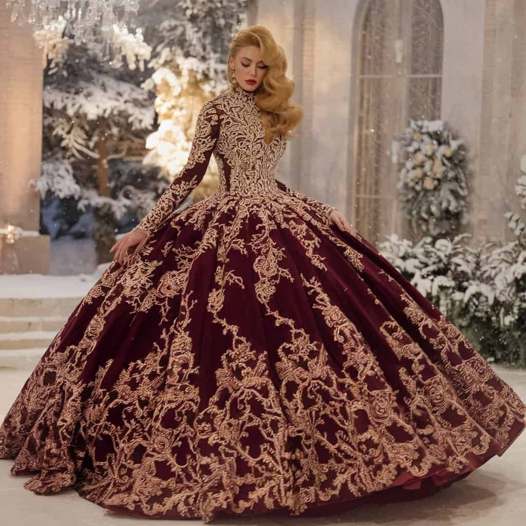 Luxurious burgundy ball gown with gold embroidery, a regal choice in red wedding dresses for winter weddings.