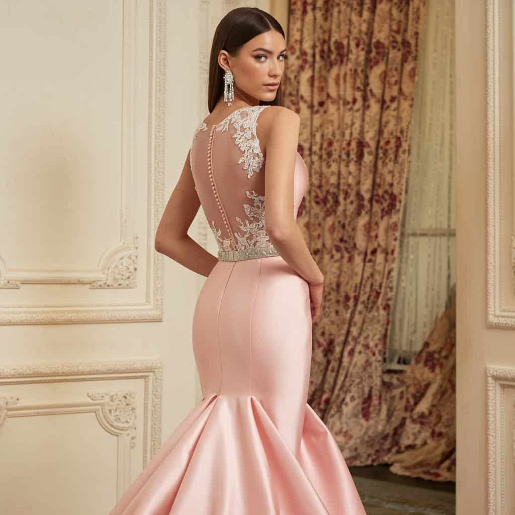 A luxurious blush wedding dress in a mermaid style, showcasing bold textures and a contemporary neckline design.
