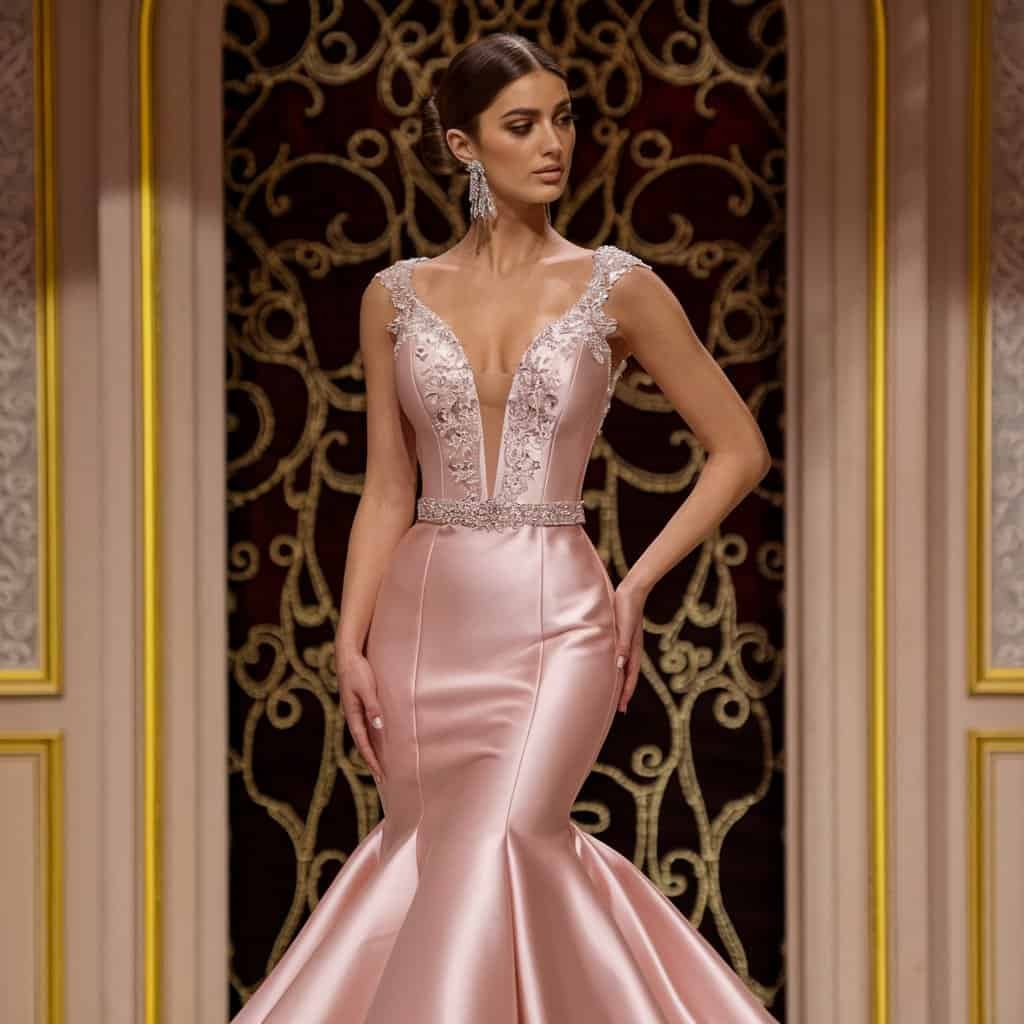 Sleek pink mermaid blush wedding dress with a structured satin silhouette and dramatic back detail, ideal for a glamorous bride.