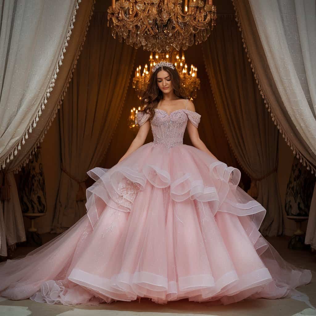 Blush wedding dress with a voluminous ball gown skirt and an intricately beaded bodice, fit for a princess-like bride.