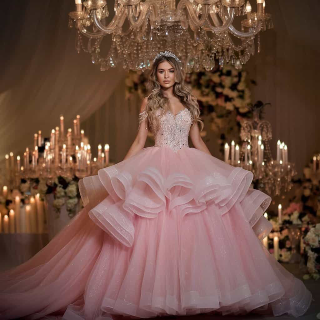 Close-up of a blush wedding dress in soft pink tones, showcasing a dramatic train and sparkling details.