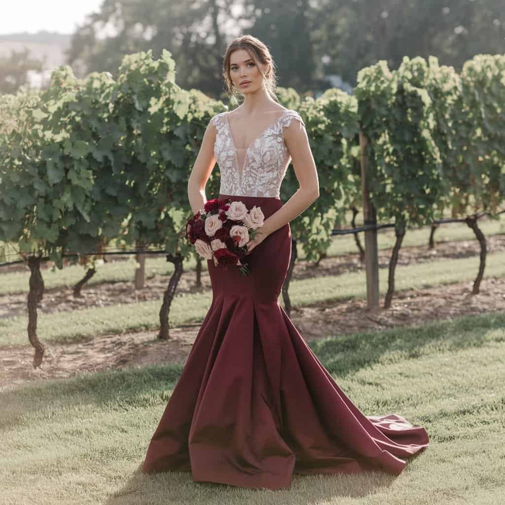 Wine-hued mermaid-style red wedding dress, a timeless design for tall or hourglass brides.