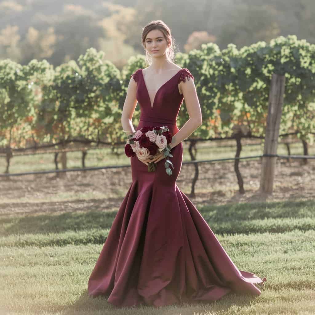 Maggie Sottero red wedding dress with a mermaid silhouette and plunging neckline.