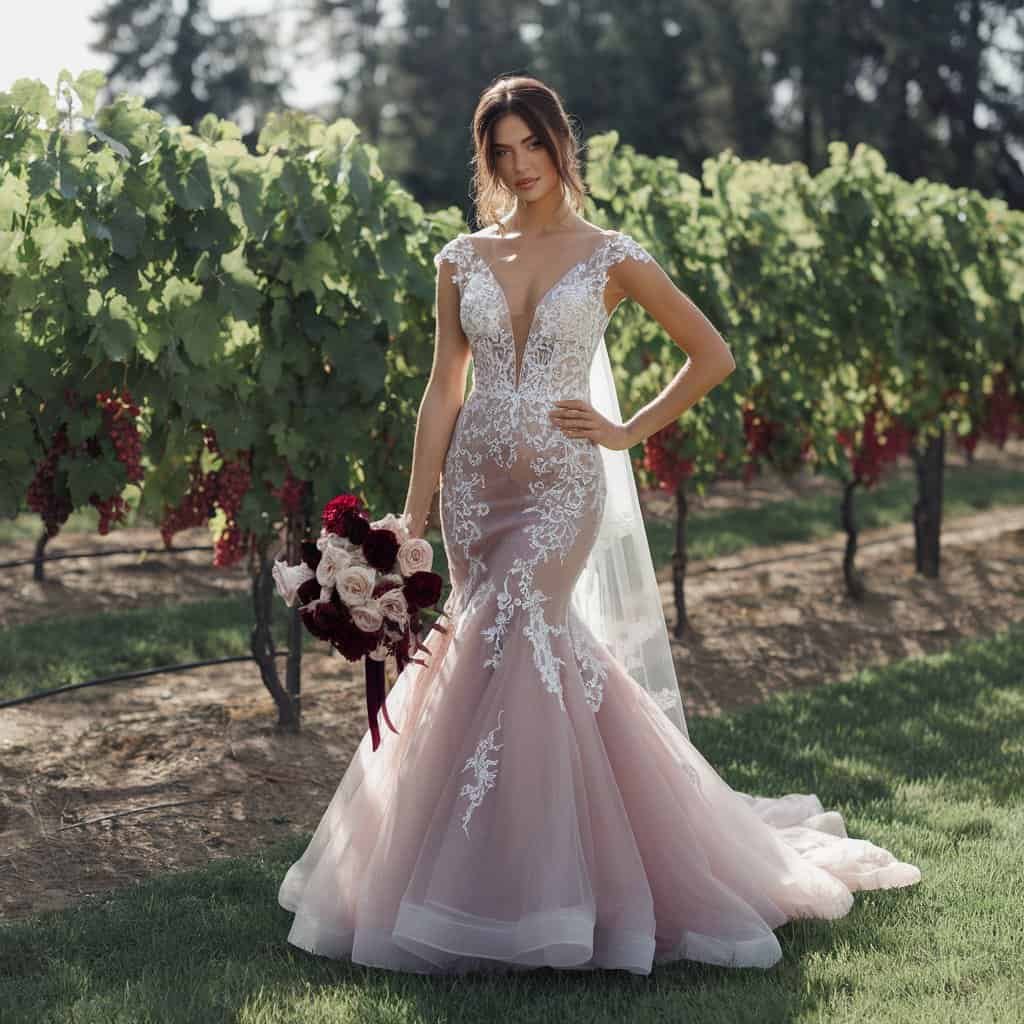 Elegant wine-colored red wedding dress featuring delicate cap sleeves and hidden shapewear.