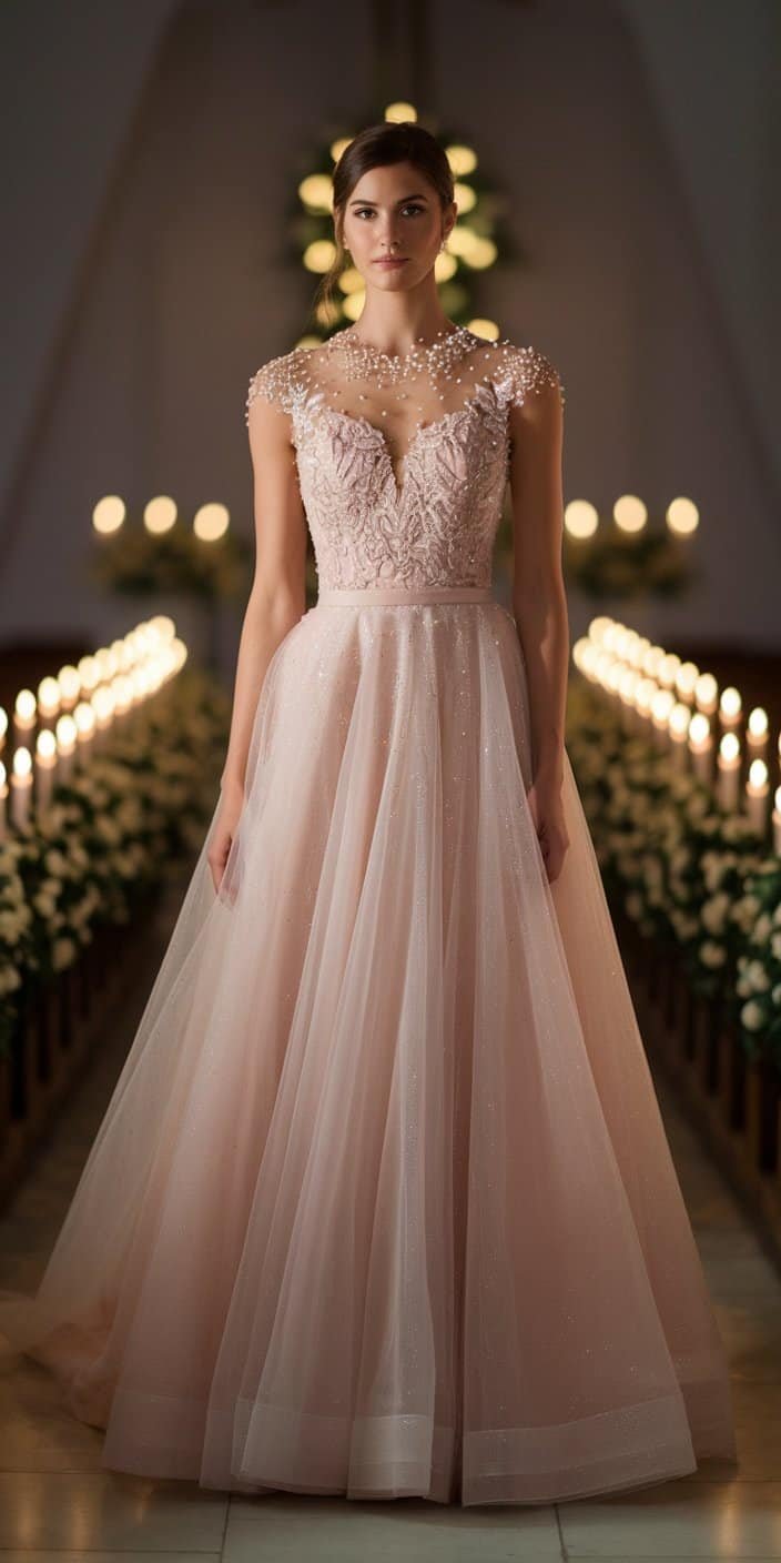 Elegant blush pink wedding dress in satin, adorned with pearl details, ideal for brides seeking timeless sophistication.