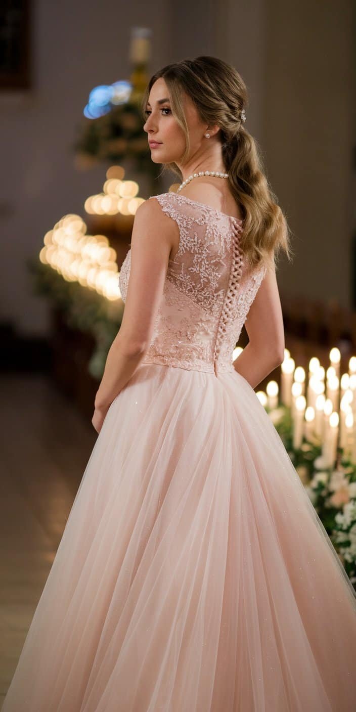 Bride wearing a blush wedding dress with a ball gown silhouette, radiating elegance against a blurred candlelit backdrop.