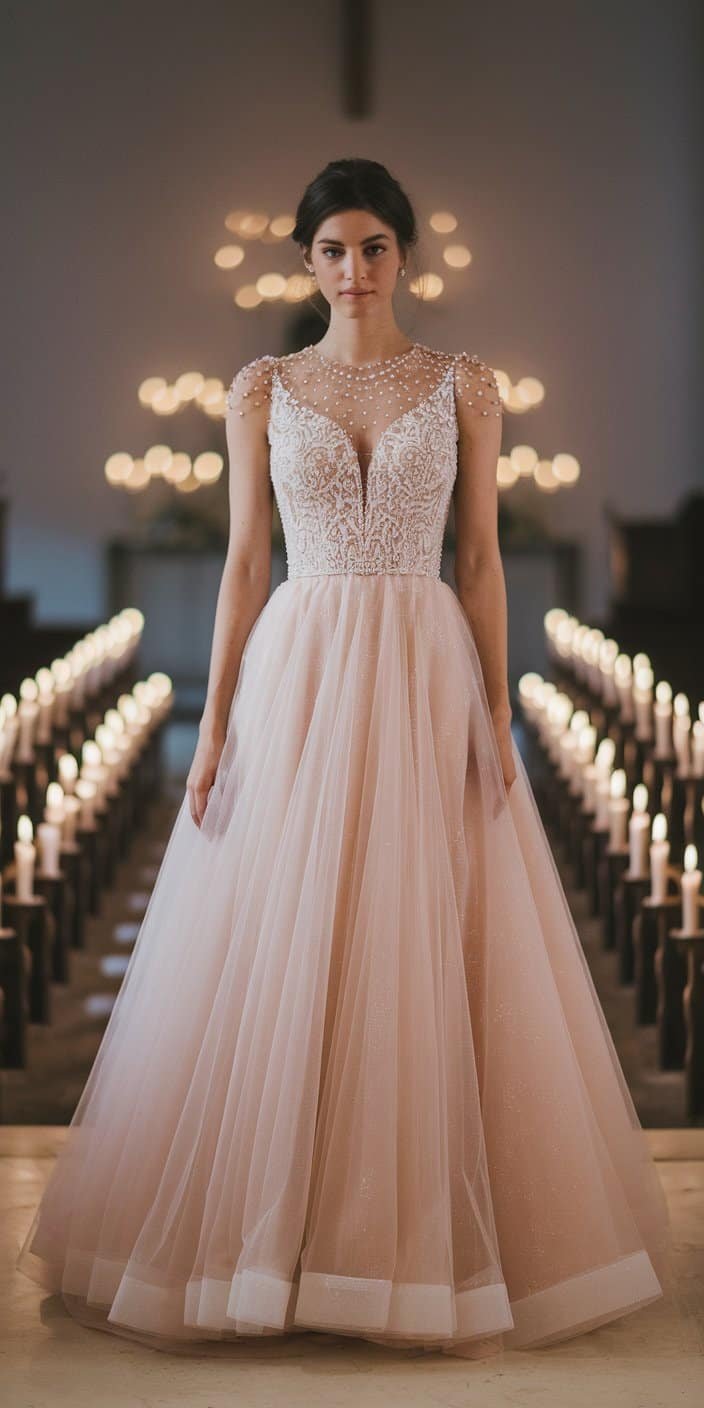 A classic blush wedding dress with a soft A-line silhouette, featuring delicate lace embellishments and a flowing tulle skirt, perfect for a romantic chapel ceremony.
