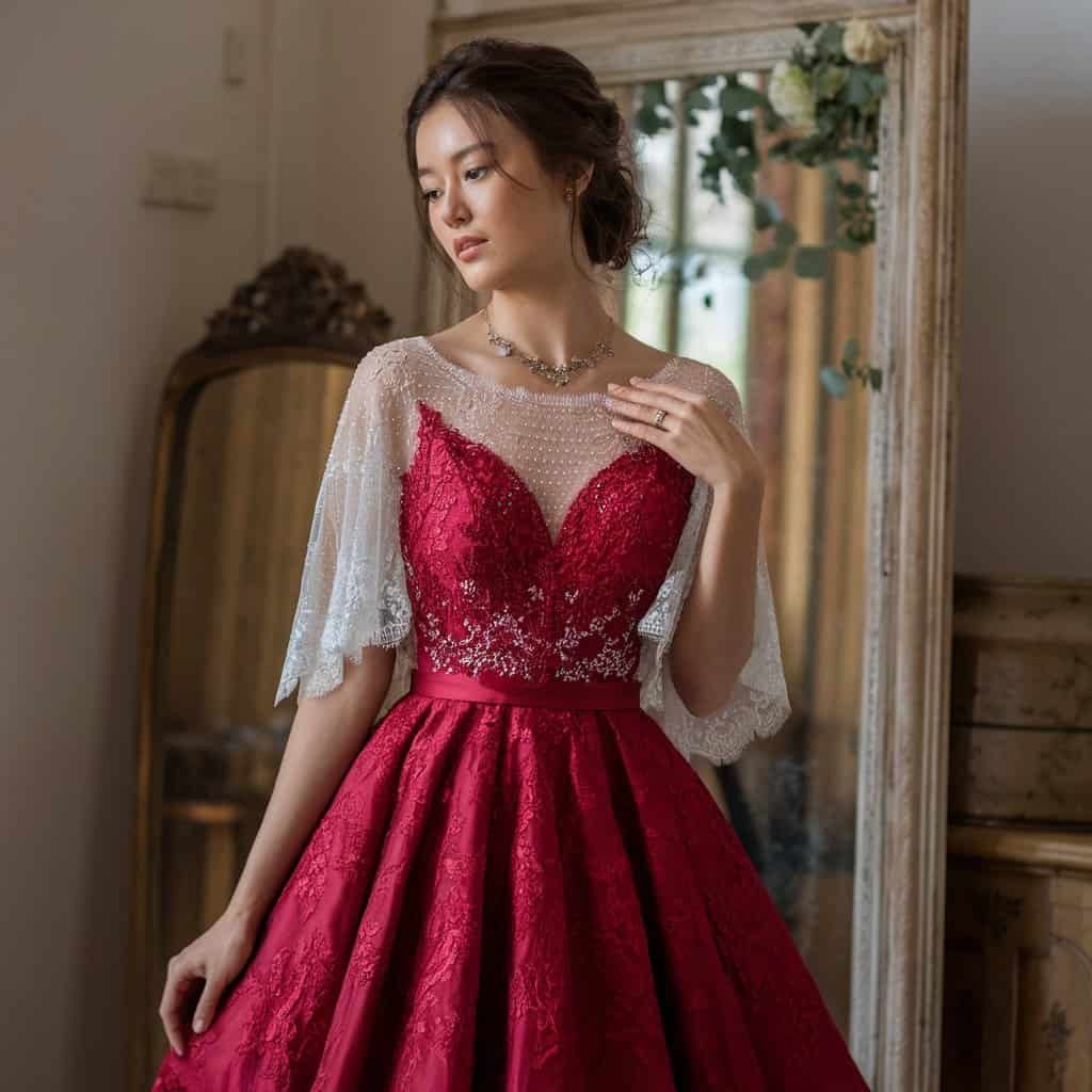 Bride in a lace-overlay red wedding dress, perfect for formal ceremonies.
