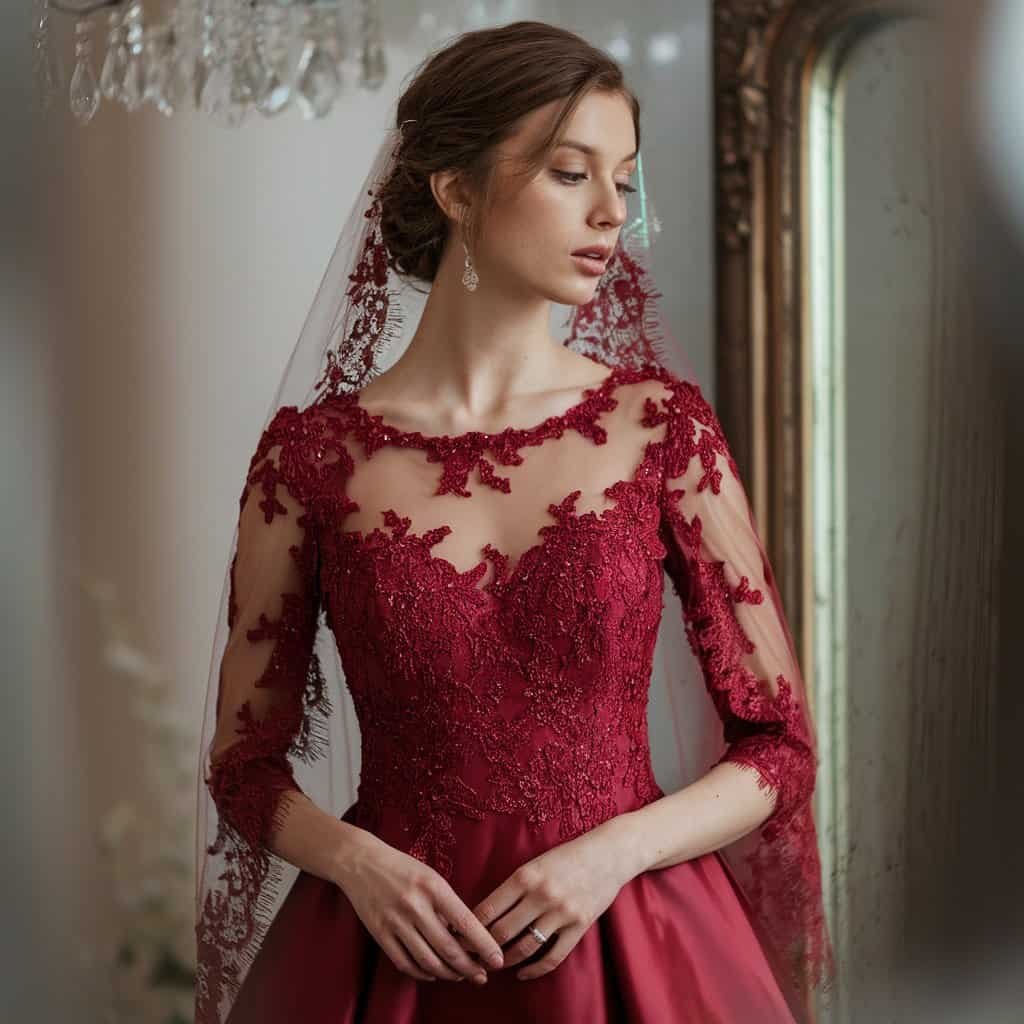 Three-quarter sleeve ruby red wedding dress with subtle beading for a timeless bridal look.