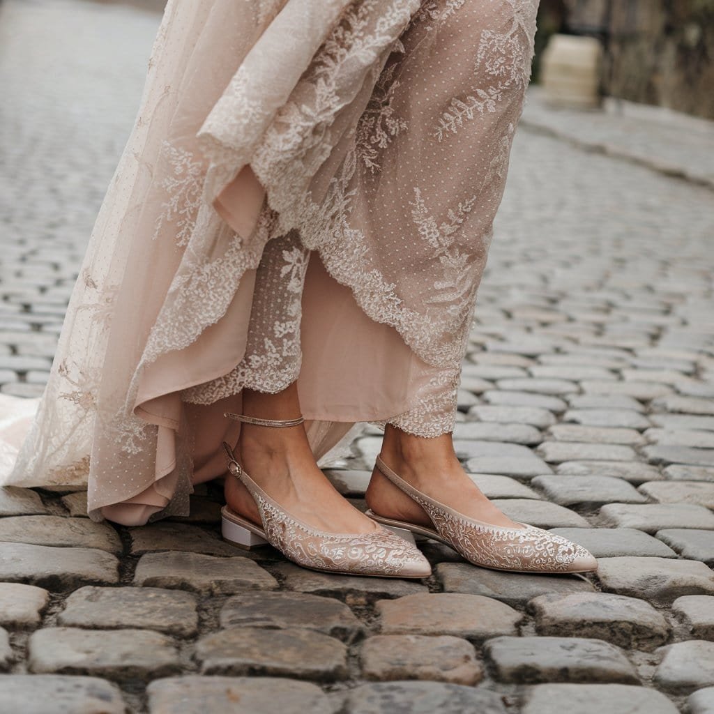 Close-up of Luxurious Slingback Flats with adjustable straps – Comfortable Wedding Shoes for a perfect fit
