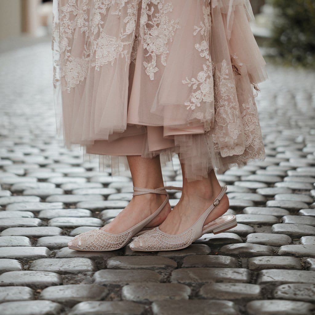 Bride walking down a cobblestone aisle in Luxurious Slingback Flats – Comfortable Wedding Shoes for elegance.