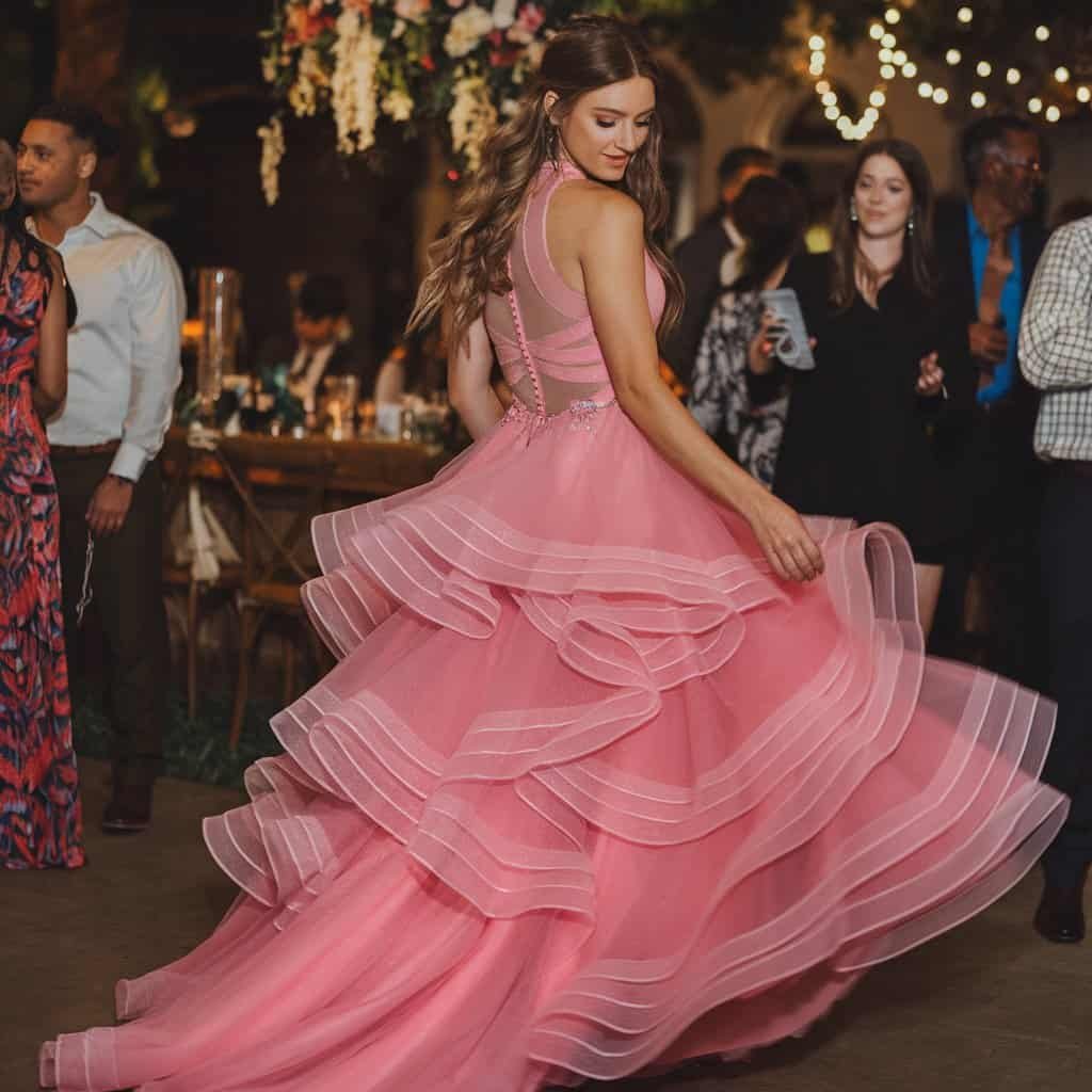 A striking hot pink blush wedding dress with whimsical cutouts and layered organza for a playful bridal style.