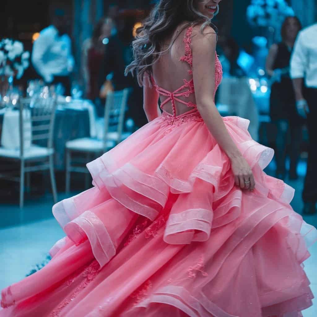Fun and energetic blush wedding dress in a hot pink shade, paired with contrasting gold accents for a bold statement.