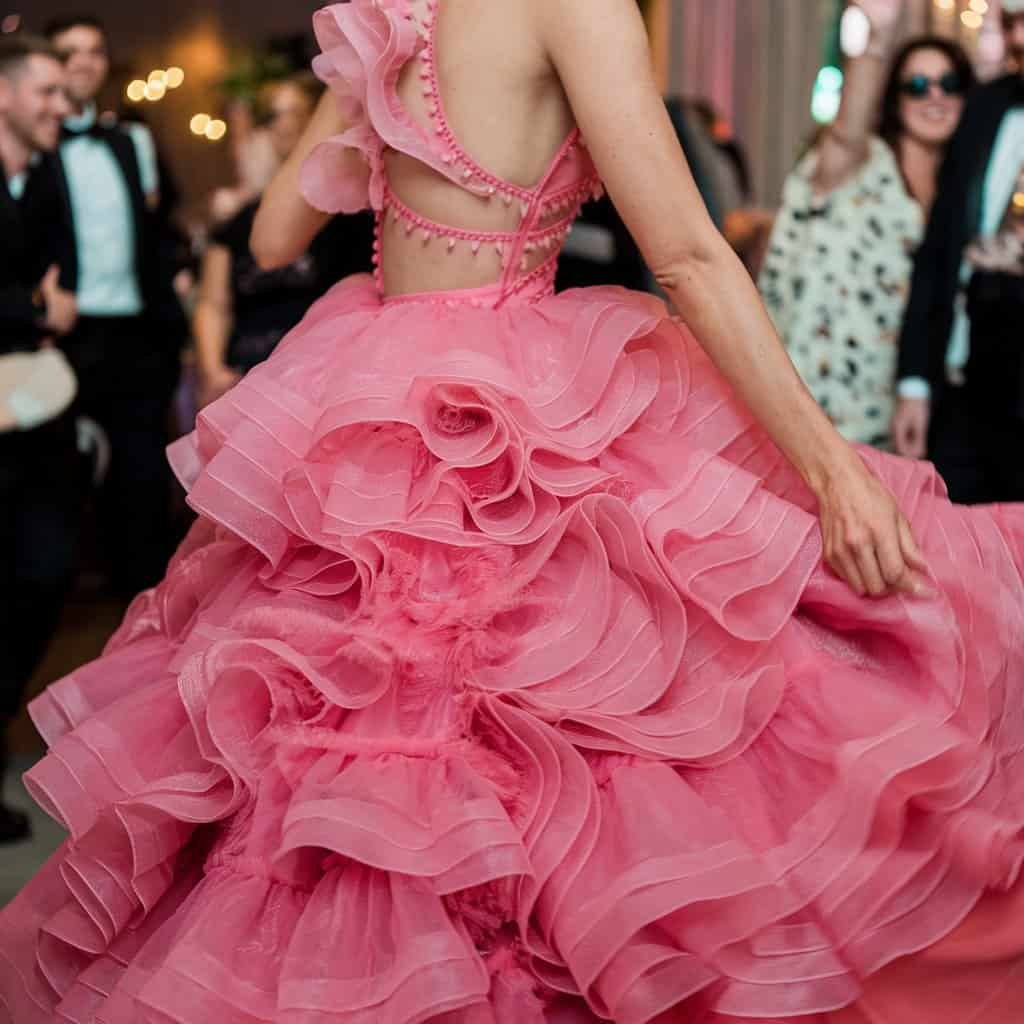 Hot pink blush wedding dress featuring ruffles and playful organza layers, perfect for a lively and spirited celebration.