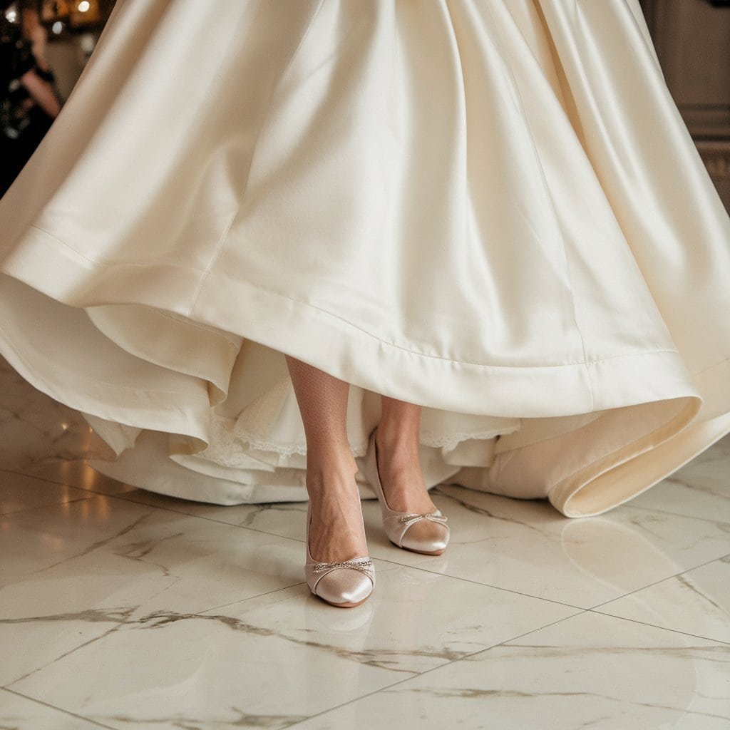 Bride in Classic Satin Flats dancing comfortably on her wedding day – Comfortable Wedding Shoes for timeless elegance