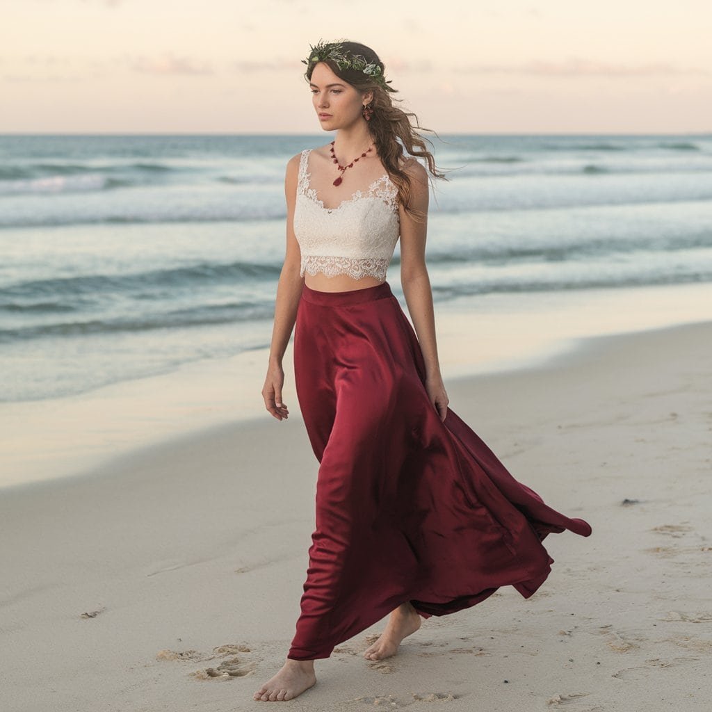 Modern bride in a garnet red two-piece wedding dress, a bold choice for beach weddings.