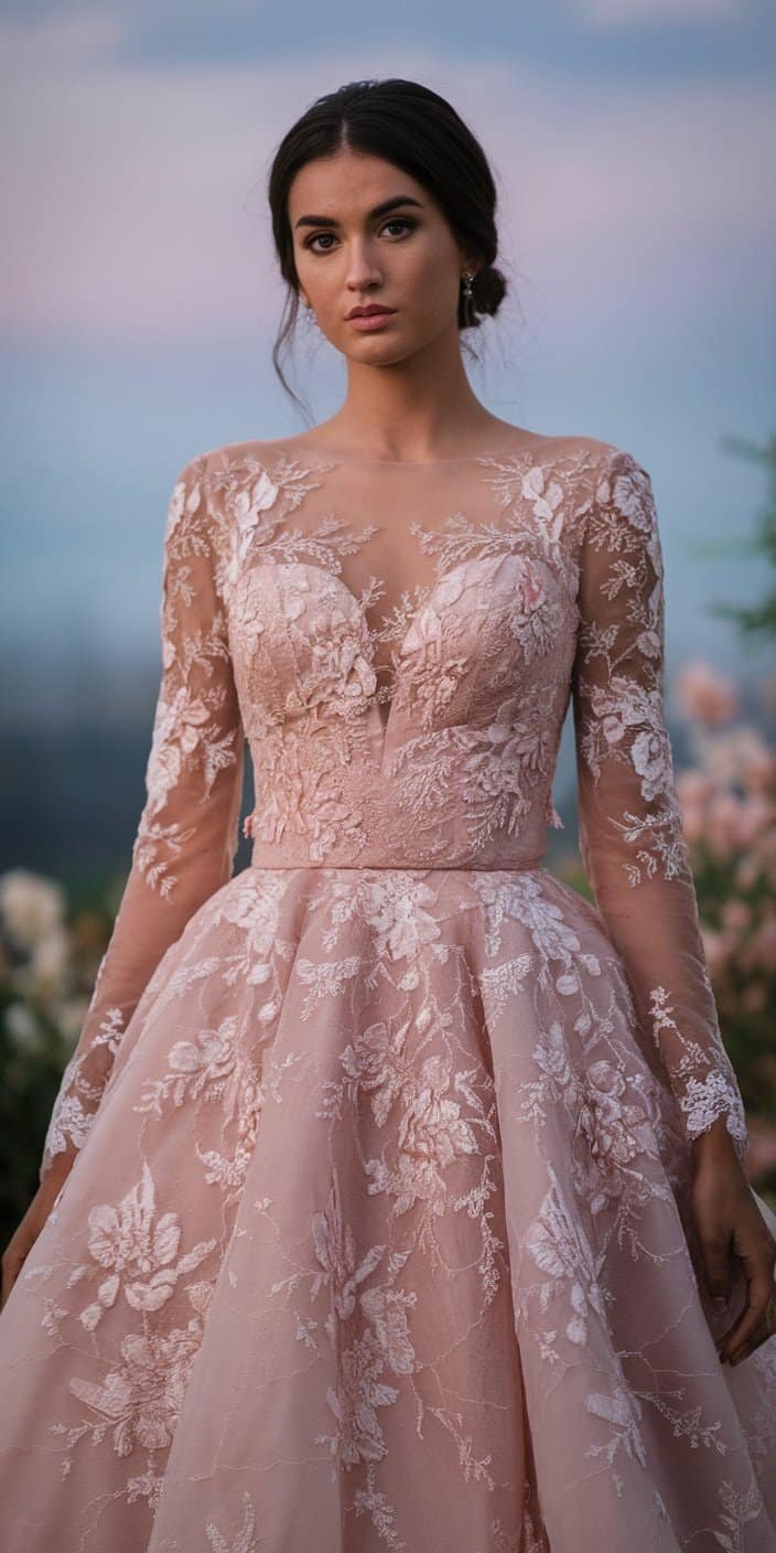 Close-up of a blush wedding dress with intricate floral embroidery in varying shades of pink for a personalized touch.