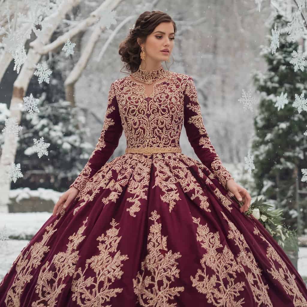 Elegant red wedding dress with intricate gold patterns flowing into a full skirt, perfect for royal weddings.