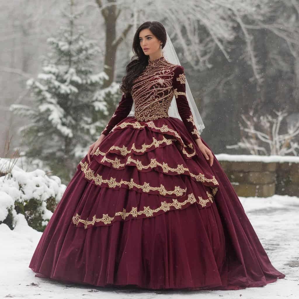 Bride in a Vera Wang burgundy red wedding dress with shimmering gold threadwork.