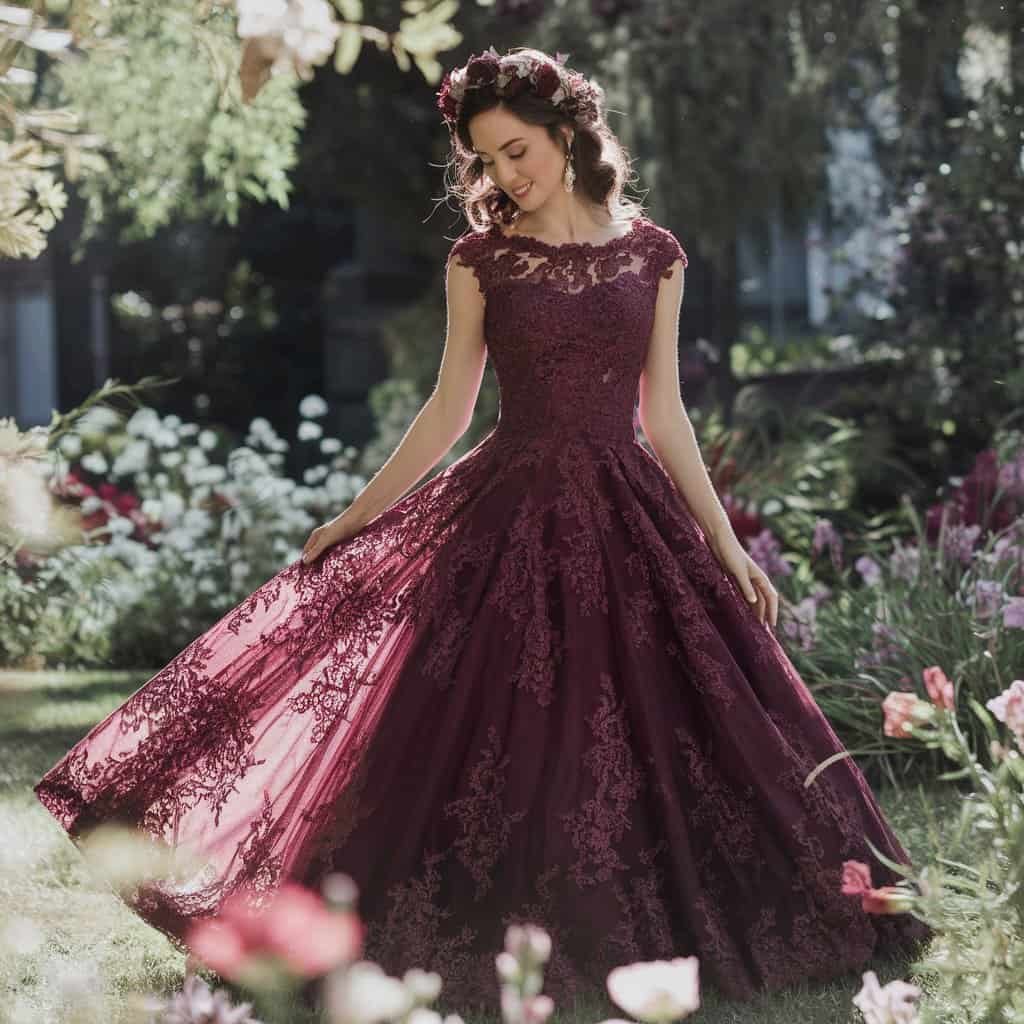 Close-up of floral lace patterns on a burgundy A-line red wedding dress, ideal for vintage wedding themes.