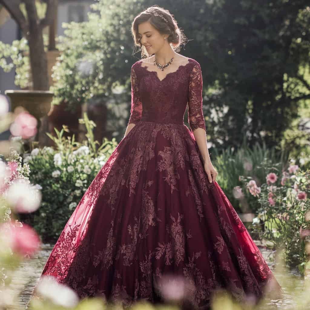 Romantic red wedding dress with a flattering A-line silhouette and intricate lace details, perfect for all body types.