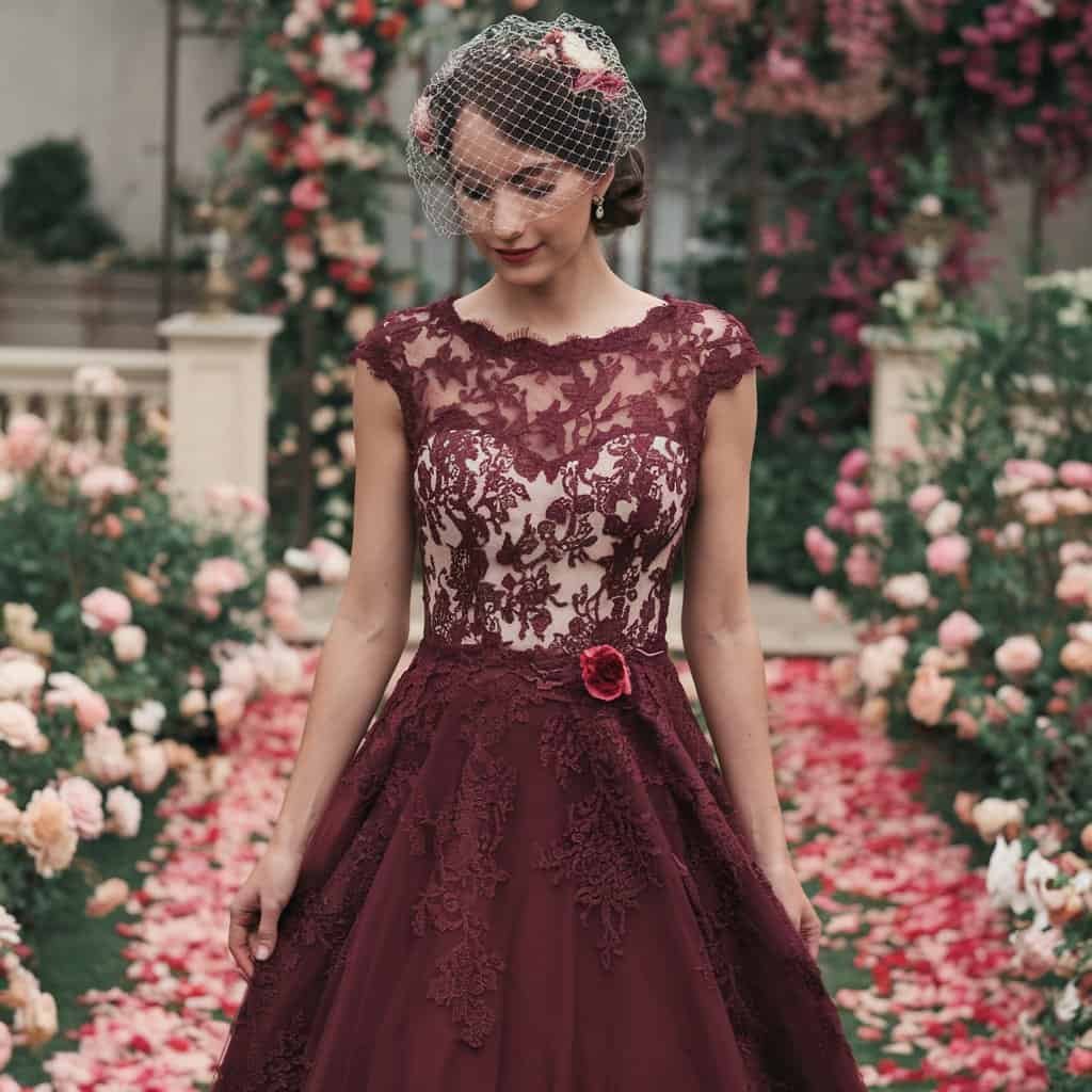Romantic burgundy lace A-line dress for garden weddings, a soft alternative among red wedding dresses.