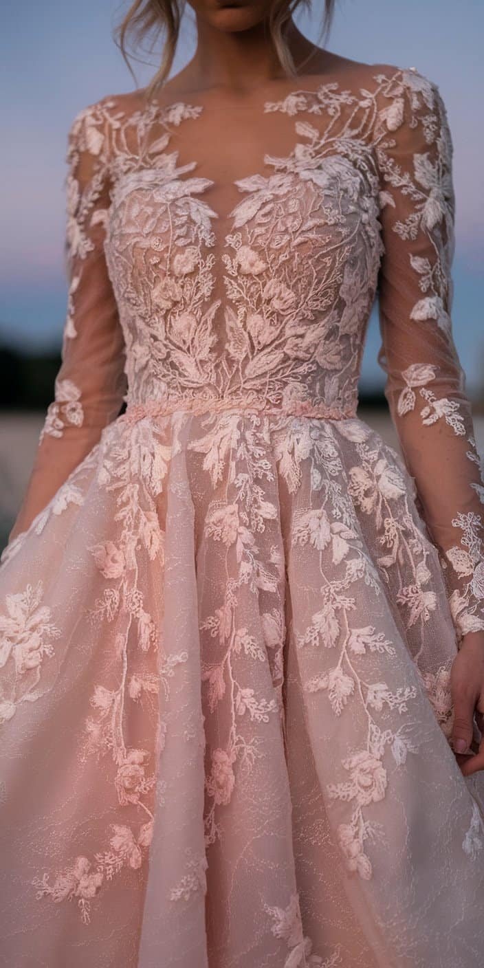 Blush wedding dress with delicate pink embroidery and lace overlay, creating a timeless and romantic bridal look.