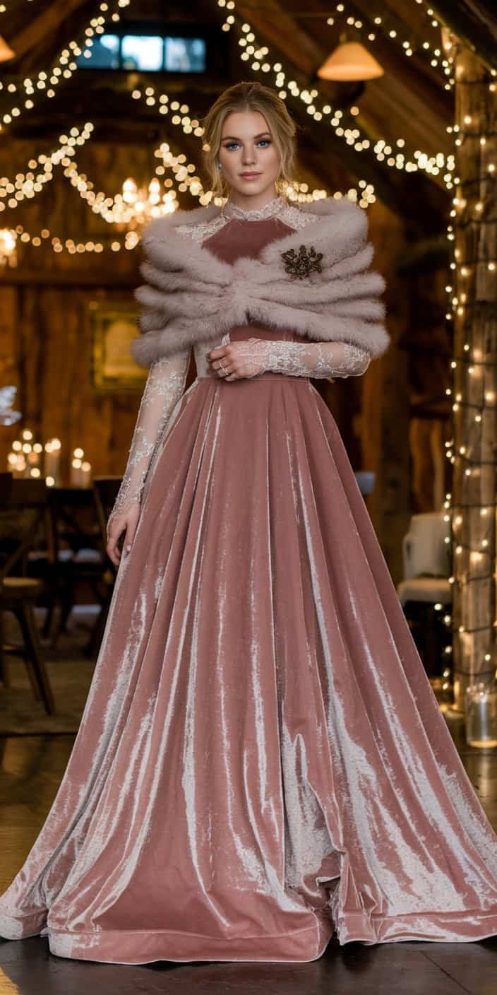 Bride wearing a warm blush wedding dress in deep pink tones, complemented by seasonal accessories for a fall wedding.