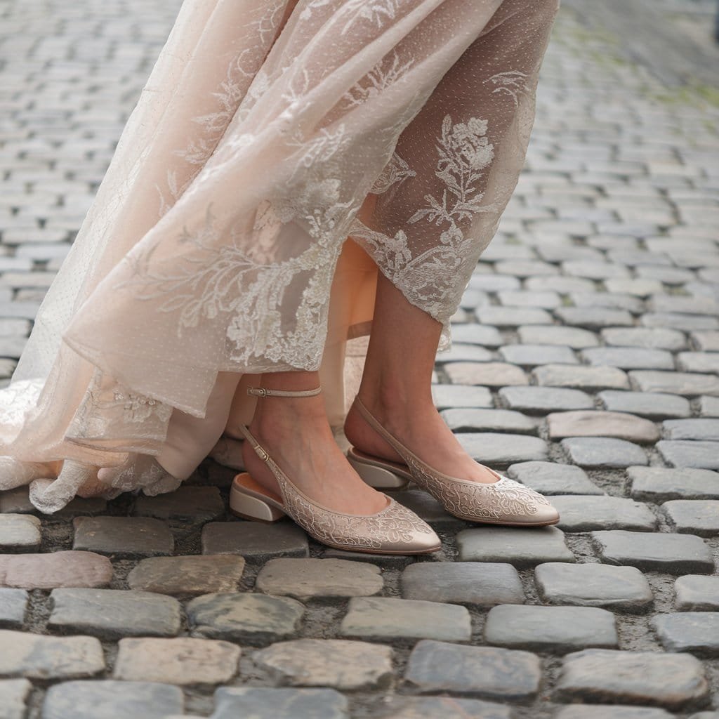 Elegant Luxurious Slingback Flats under a boho bridal gown – Comfortable Wedding Shoes without the height.