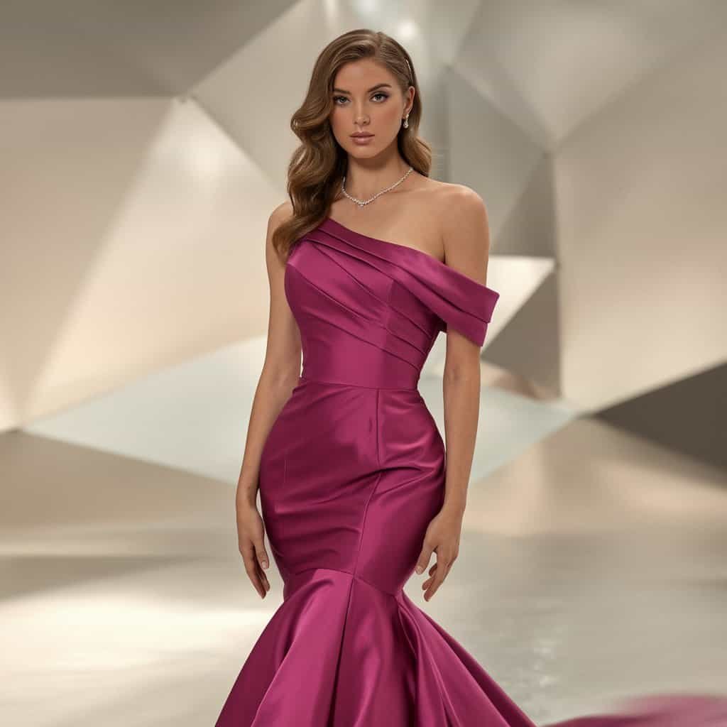 Vibrant fuchsia blush wedding dress with a mermaid silhouette, creating a bold and glamorous bridal statement.