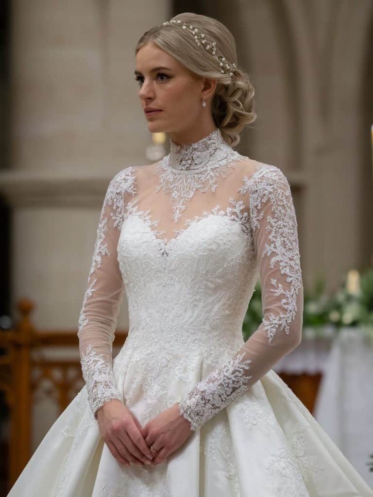 Elegant high-neck wedding dress with full sleeves, lace accents, and vintage-inspired details, perfect for a regal look