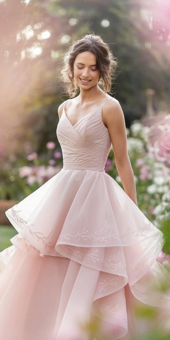 Bride in a pale rose blush wedding dress with a sheer train, blending delicacy and romance in a sunlit outdoor setting.