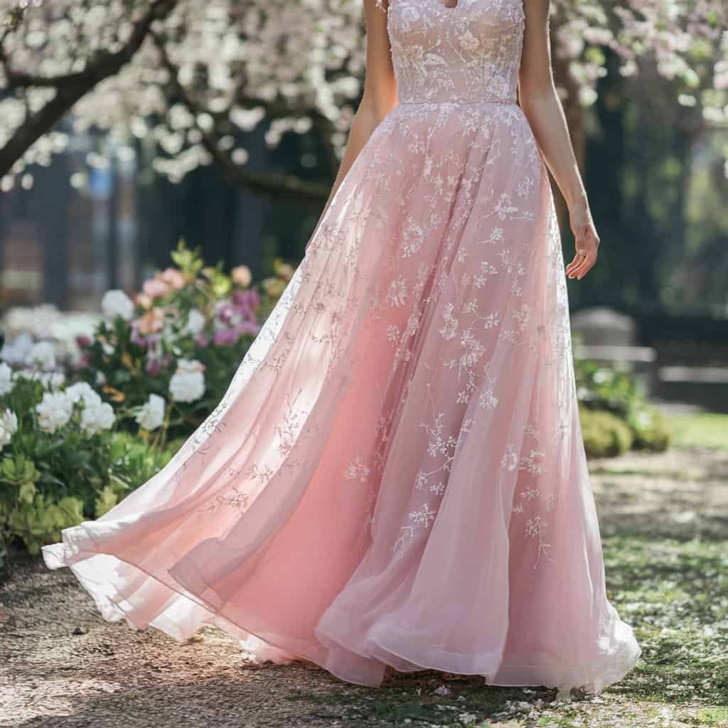 Lightweight blush wedding dress in pastel pink, perfect for a spring wedding with its airy chiffon fabric and floral details.