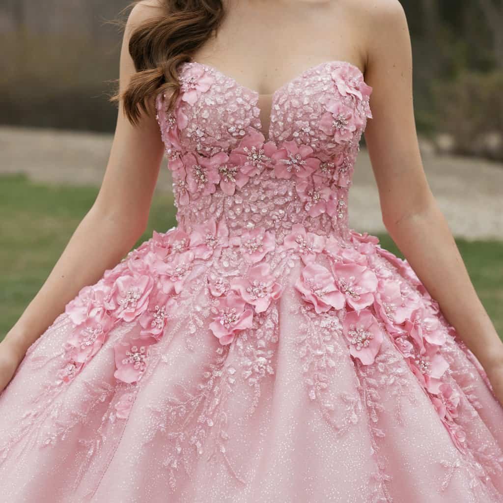 Bride wearing a floral-themed blush wedding dress in pastel pink, capturing the essence of a summer wedding.