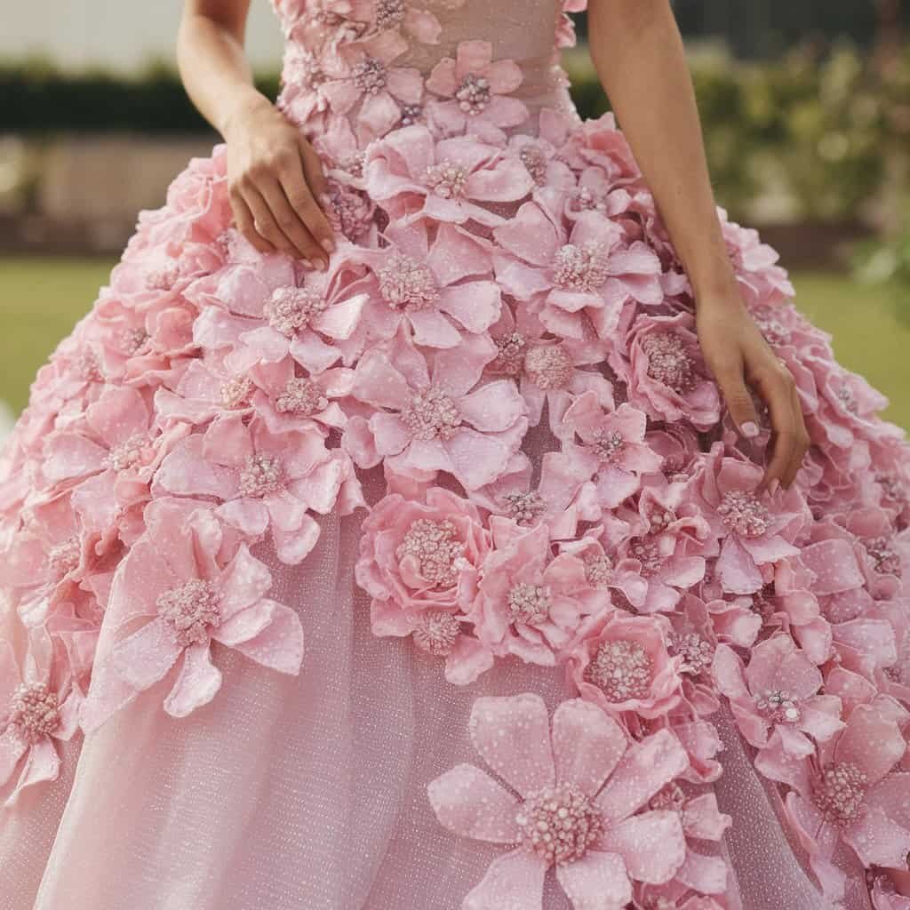 Close-up of a blush wedding dress featuring three-dimensional floral appliqués and soft sparkle beading for added texture.