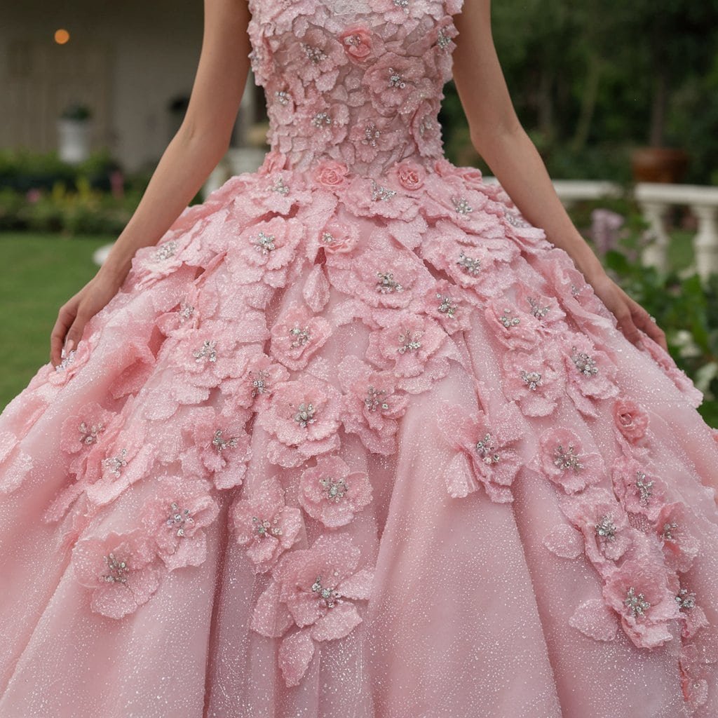 Blush wedding dress with cascading pink floral appliqués and delicate beadwork, perfect for a spring celebration.