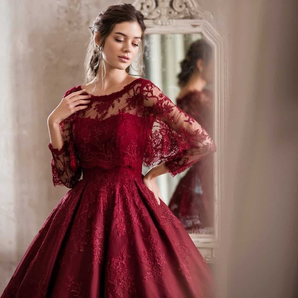 Close-up of intricate lace details on a ruby red wedding dress, ideal for versatile bridal styles.