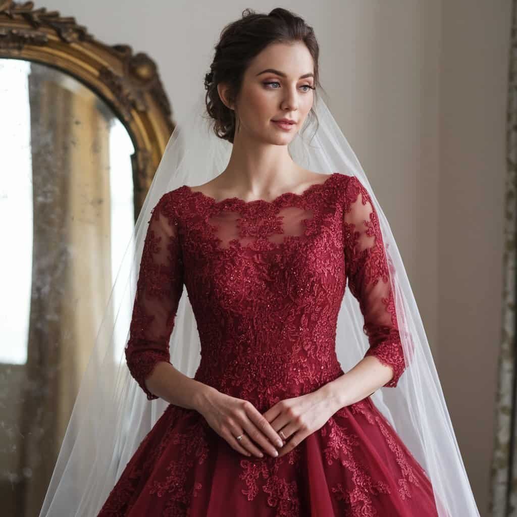 Ruby red A-line wedding dress with French lace overlay, combining classic and modern red wedding dress styles.