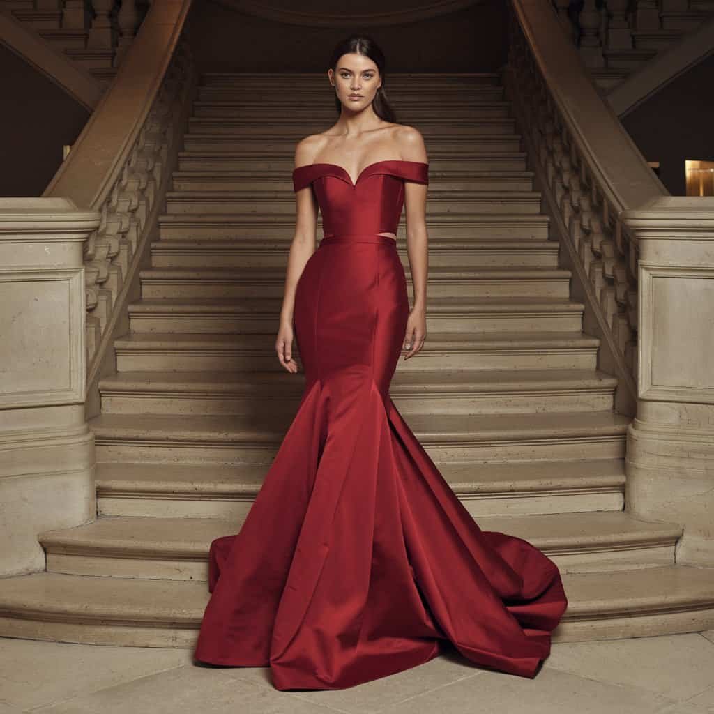 Bride descending a staircase in a fitted red trumpet wedding dress, radiating elegance and flair.