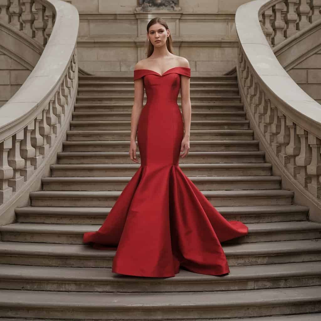 Scarlet off-shoulder trumpet gown, a dramatic option among red wedding dresses for formal settings.