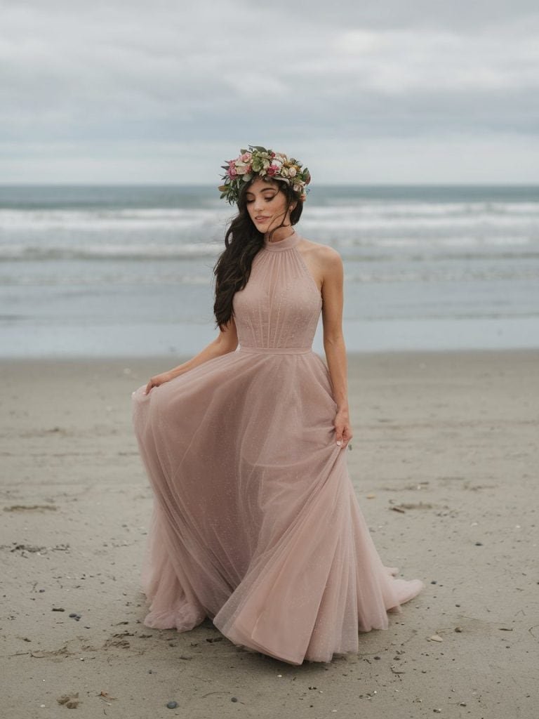 Soft tulle high-neck wedding dress with sheer cape options and layered skirts, offering a whimsical and graceful bridal look