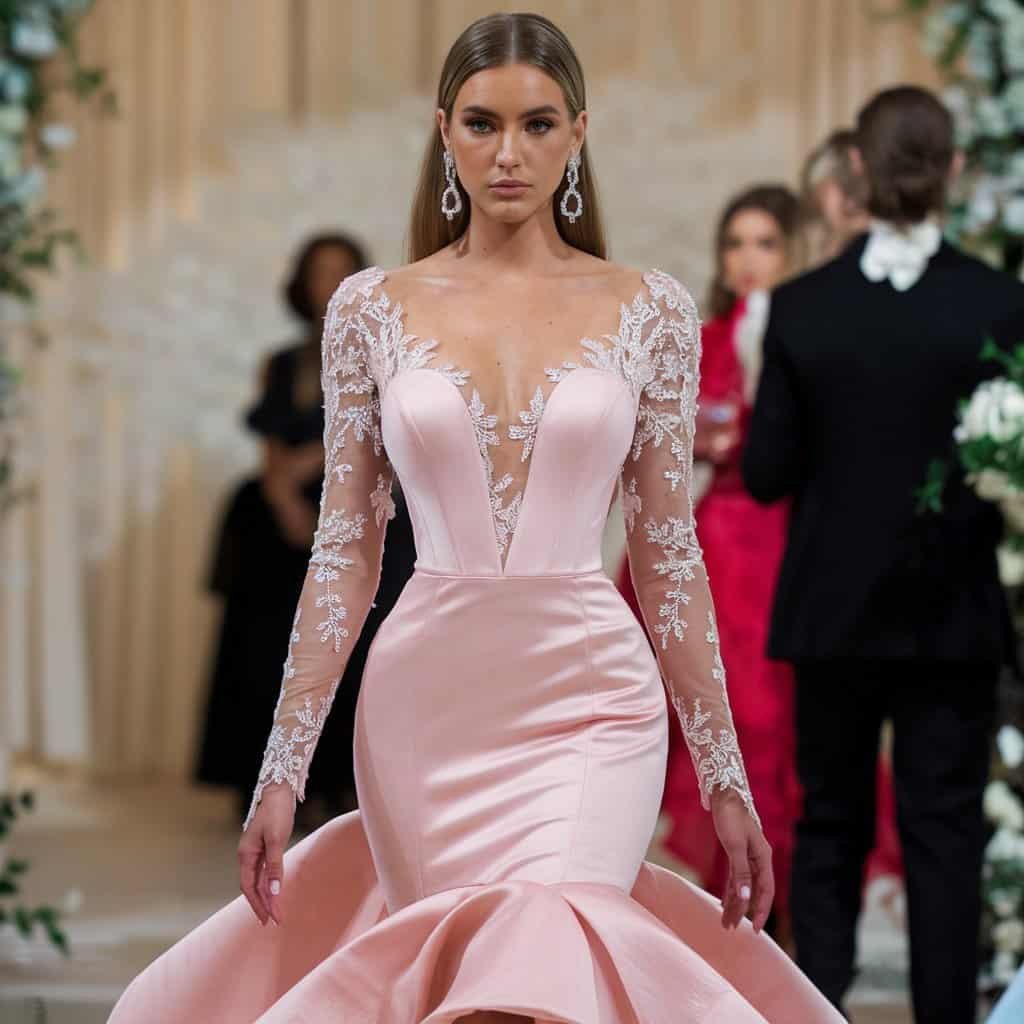 Bride in a blush wedding dress with a mermaid cut, featuring lace embellishments and a flared hem for added drama.