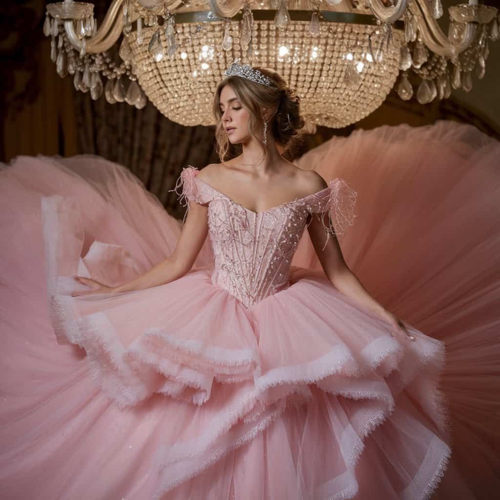 Bride twirling in a stunning blush wedding dress with layers of tulle and a regal silhouette, creating fairytale vibes.
