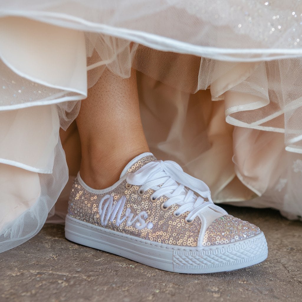Close-up of Custom Bridal Sneakers with sequins and embroidery – Comfortable Wedding Shoes with a twist