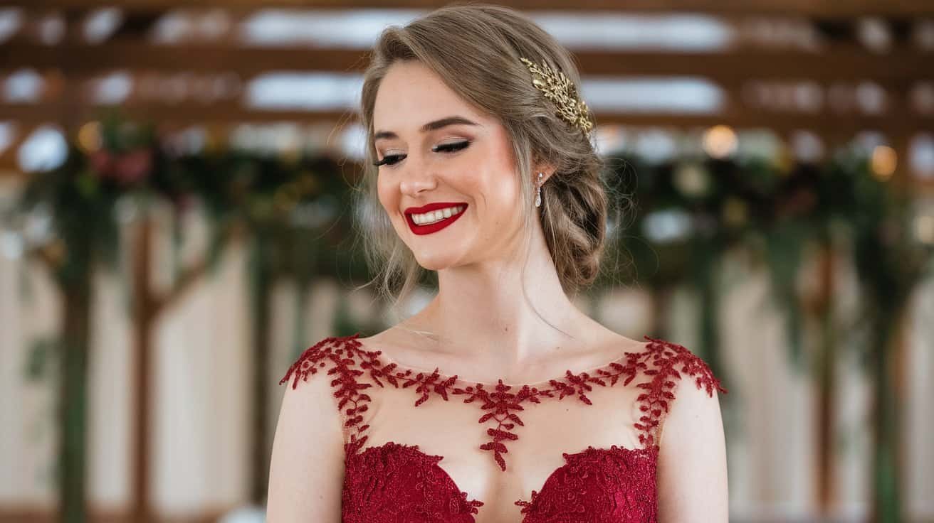 Close-up of a bride styling her red wedding dress with bold red lips and a gold hairpiece, showcasing elegance and sophistication.