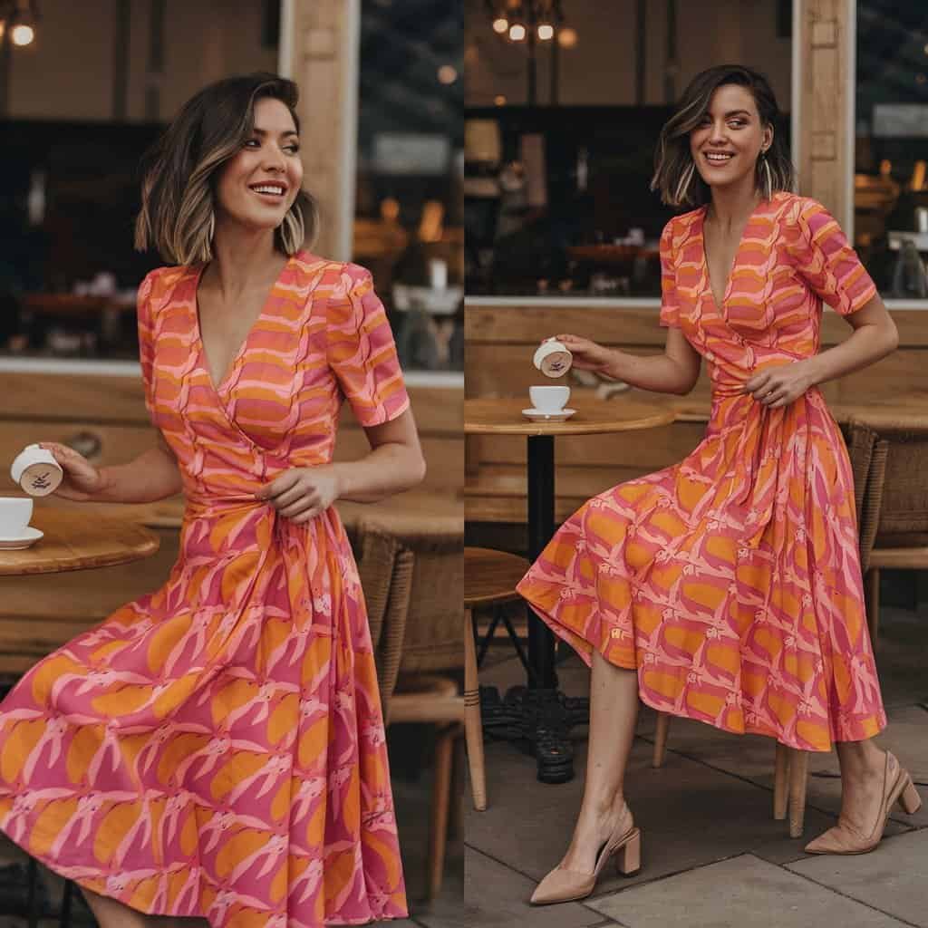 Brightly Colored Wrap Fit and Flare Dress styled for casual Fridays or weekend outings, paired with slingback heels.