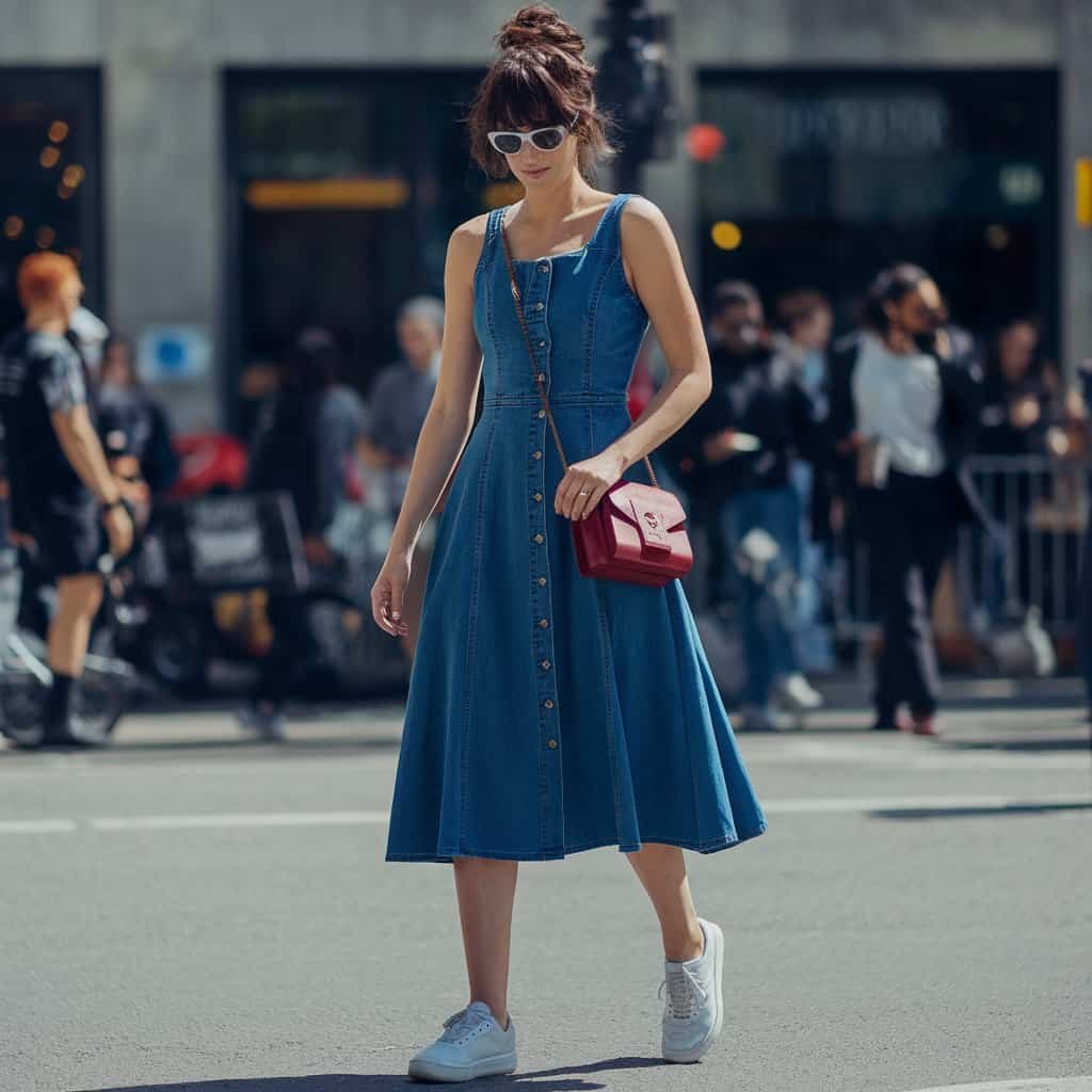 Chic Denim Flare Dress styled with a colorful crossbody bag and oversized sunglasses.