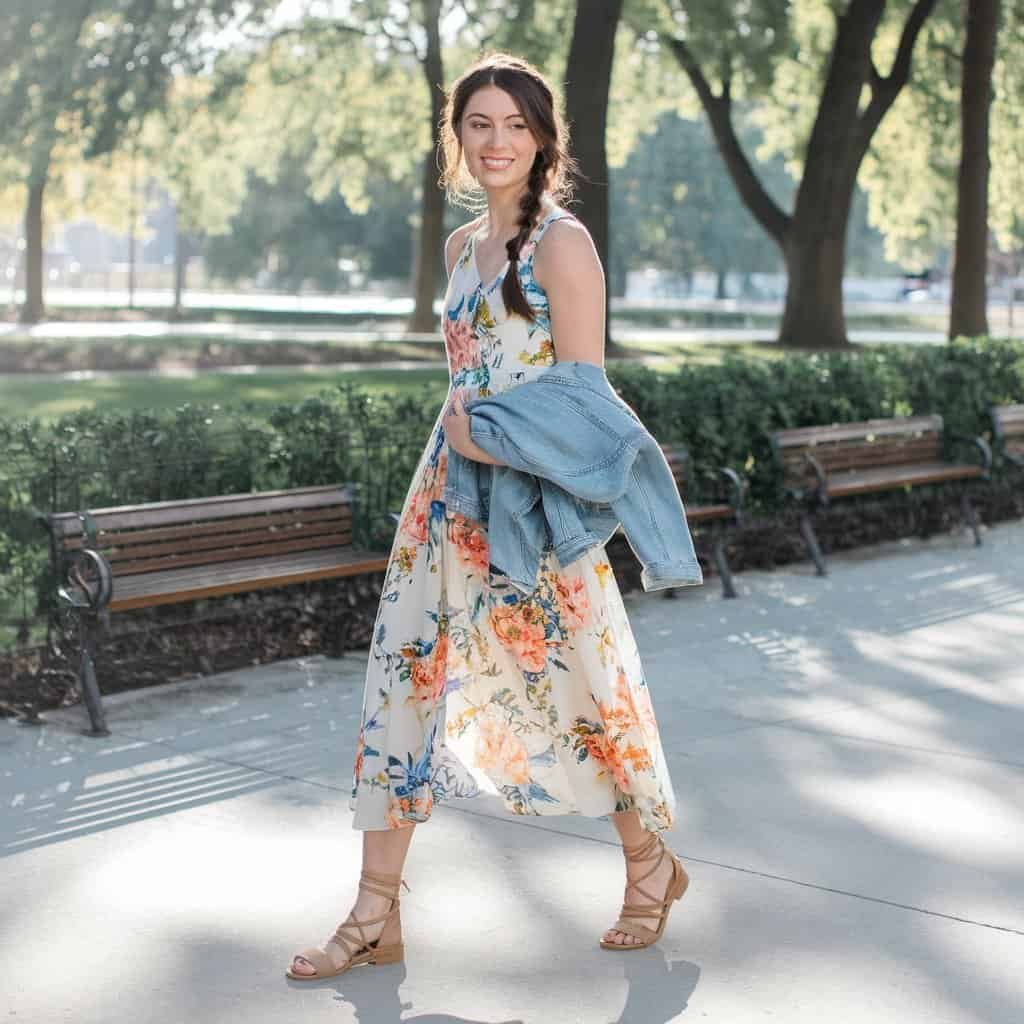 Floral Print A-line Fit and Flare Dress with a denim jacket, perfect for cooler evenings in the spring or summer