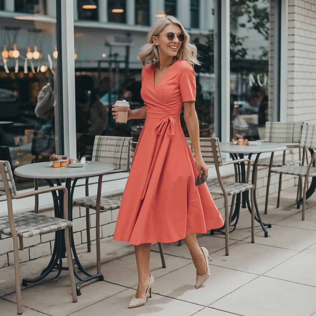 Woman in a Brightly Colored Wrap Fit and Flare Dress, emphasizing the waist with a flattering wrap style